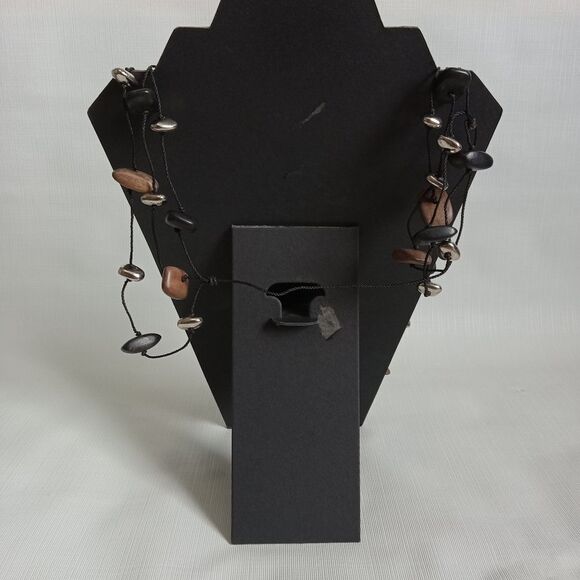 Black and Brown Wooden & Plastic Beaded Triple Strand Layered Fashion Necklace - Picture 2 of 9